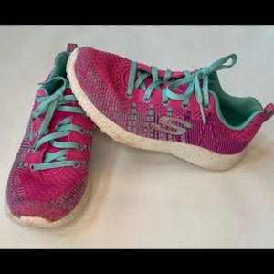 Sketchers youth girls tennis shoe sneaker size 2 pink and teal lace up